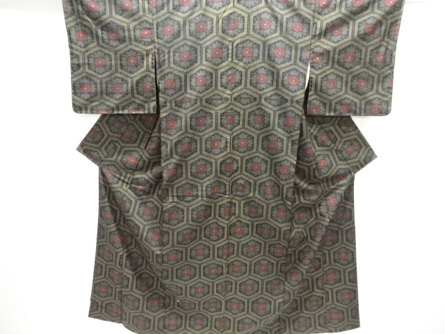 JAPANESE KIMONO / ANTIQUE ENSEMBLE KIMONO / SILK / TSUMUGI / FLORAL KIKKO